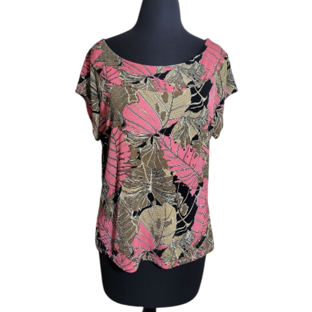 Jaclyn Smith pink green black leaf print scoop neck short sleeve top women large